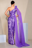 Sparkly Purple One Shoulder Mermaid Sequins Long Ball Dress with Cape