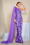 Sparkly Purple One Shoulder Mermaid Sequins Long Ball Dress with Cape