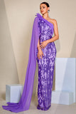 Sparkly Purple One Shoulder Mermaid Sequins Long Ball Dress with Cape