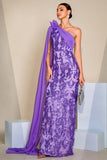 Sparkly Purple One Shoulder Mermaid Sequins Long Ball Dress with Cape