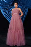 Pink Strapless A-Line Tulle Long Corset Wedding Guest Dress