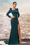 Dark Green Mermaid Long Sleeves Ball Dress with Slit