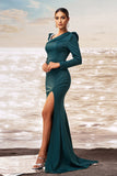 Dark Green Mermaid Long Sleeves Ball Dress with Slit