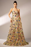 Sparkly Floral Apricot A-Line Long Ball Dress