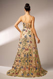 Sparkly Floral Apricot A-Line Long Ball Dress