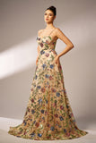 Sparkly Floral Apricot A-Line Long Ball Dress