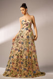 Sparkly Floral Apricot A-Line Long Ball Dress