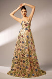 Sparkly Floral Apricot A-Line Long Ball Dress