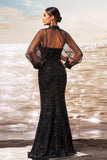 Sparkly Mermaid Black Sequin Long Sleeves Ball Dress