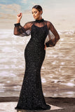 Sparkly Mermaid Black Sequin Long Sleeves Ball Dress