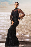 Sparkly Mermaid Black Sequin Long Sleeves Ball Dress