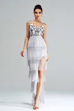 White Sheath Long Ball Dress With Fringes