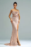 Apricot Mermaid Strapless Sequined Split Ball Dress