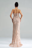 Apricot Mermaid Strapless Sequined Split Ball Dress