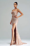 Apricot Mermaid Strapless Sequined Split Ball Dress