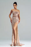 Apricot Mermaid Strapless Sequined Split Ball Dress