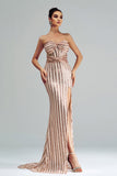 Apricot Mermaid Strapless Sequined Split Ball Dress