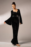 Black Sequin Long Sleeves Jumpsuit with Belt