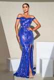 Blue Mermaid Sparkly Sequins Off The Shoulder Ball Dress with Slit