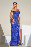 Blue Mermaid Sparkly Sequins Off The Shoulder Ball Dress with Slit