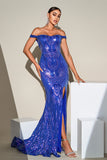 Blue Mermaid Sparkly Sequins Off The Shoulder Ball Dress with Slit