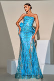 Mermaid Peacock Blue Sequin Strapless Long Ball Dress with Bow Streamer