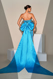 Mermaid Peacock Blue Sequin Strapless Long Ball Dress with Bow Streamer