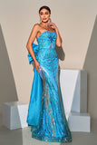 Mermaid Peacock Blue Sequin Strapless Long Ball Dress with Bow Streamer