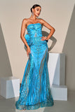 Mermaid Peacock Blue Sequin Strapless Long Ball Dress with Bow Streamer