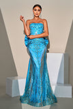 Mermaid Peacock Blue Sequin Strapless Long Ball Dress with Bow Streamer