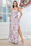 Lilac Floral Print Cape Straps With Ruffle Long Ball Dress