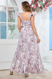 Lilac Floral Print Cape Straps With Ruffle Long Ball Dress