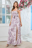 Lilac Floral Print Cape Straps With Ruffle Long Ball Dress