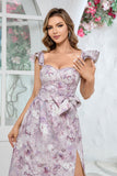 Lilac Floral Print Cape Straps With Ruffle Long Ball Dress