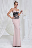 Mermaid Pink Strapless Lace Long Ball Dress