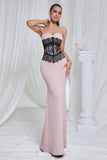 Mermaid Pink Strapless Lace Long Ball Dress