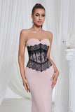 Mermaid Pink Strapless Lace Long Ball Dress