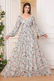 A Line Green Floral Printed Long Sleeves Long Ball Dress