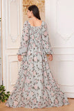 A Line Green Floral Printed Long Sleeves Long Ball Dress