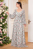 A Line Green Floral Printed Long Sleeves Long Ball Dress