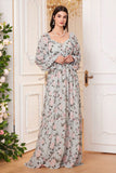 A Line Green Floral Printed Long Sleeves Long Ball Dress