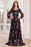 A Line Long Sleeves Floral Print Black Long Ball Dress