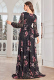 A Line Long Sleeves Floral Print Black Long Ball Dress