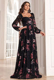 A Line Long Sleeves Floral Print Black Long Ball Dress