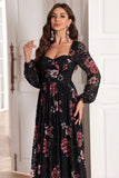 A Line Long Sleeves Floral Print Black Long Ball Dress