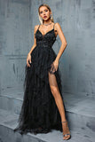 Sparkly Spaghetti Straps Grey Blue Tulle A Line Ball Dress