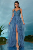 Sparkly Spaghetti Straps Grey Blue Tulle A Line Ball Dress