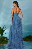 Sparkly Spaghetti Straps Grey Blue Tulle A Line Ball Dress