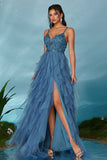 Sparkly Spaghetti Straps Grey Blue Tulle A Line Ball Dress