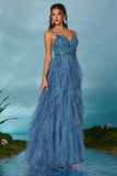 Sparkly Spaghetti Straps Grey Blue Tulle A Line Ball Dress